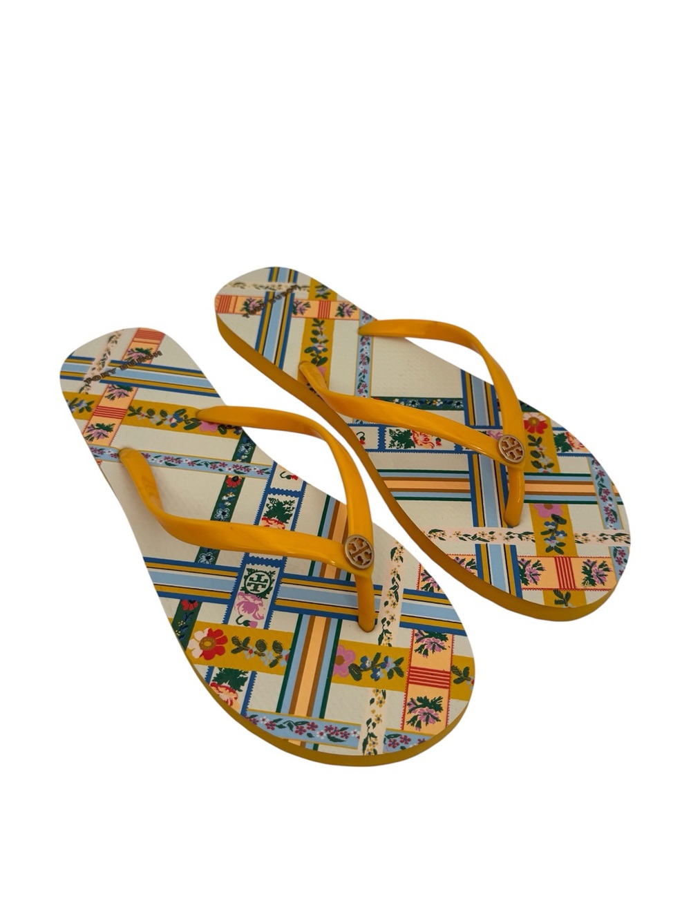 TORY BURCH Flip Flop Thong Sandals Yellow Gold Crest Ribbon Weave Sz 11 Y2K 00’s